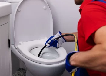 plumber unclogging blocked toilet with hydro jetting at home bathroom. sewer cleaning service