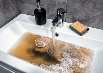 Clogged sink in bathroom, sink with dirty water, brown soap. Plumbing problems.