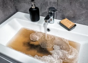 lavabo évier émaillé blanc bouché obstrué qui n'évacue plus l'eau stagnante