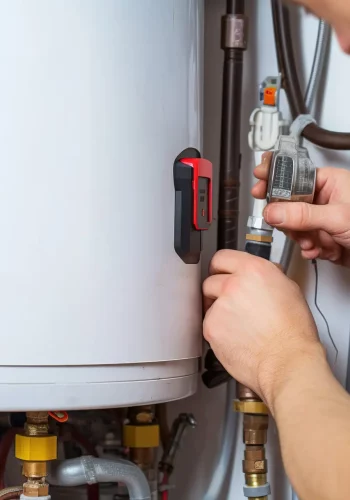 Plombier effectuant une maintenance sur un chauffe-eau